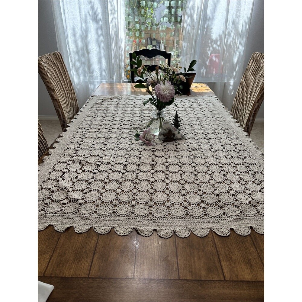 vintage handmade crochet tablecloth or throw blanket 66x47
